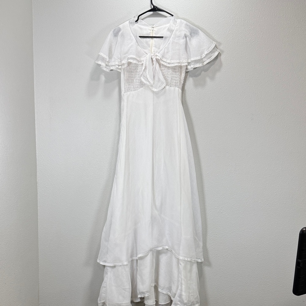 Vintage Jody T Elegant White Maxi Praire‎ Dress smocked. 70s empire waist